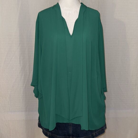 ELOQUII 28 Green Lightweight Flowy Bell Quarter Sleeve Front Neck Tie Blouse - Picture 6 of 14